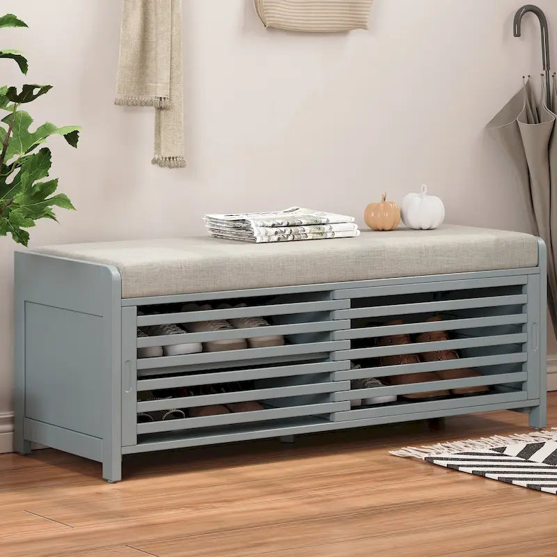 Entryway Shoe Cabinet, Distressed Shutter Storage Bench with Acacia Veneer for Retro Charm for Living Room, Entryway