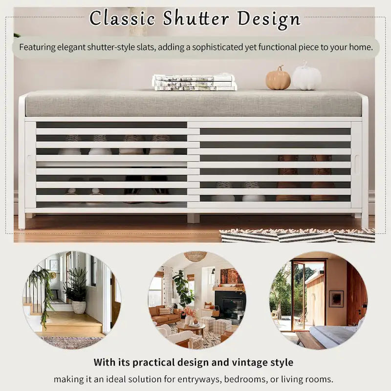Entryway Shoe Cabinet, Distressed Shutter Storage Bench with Acacia Veneer for Retro Charm for Living Room, Entryway