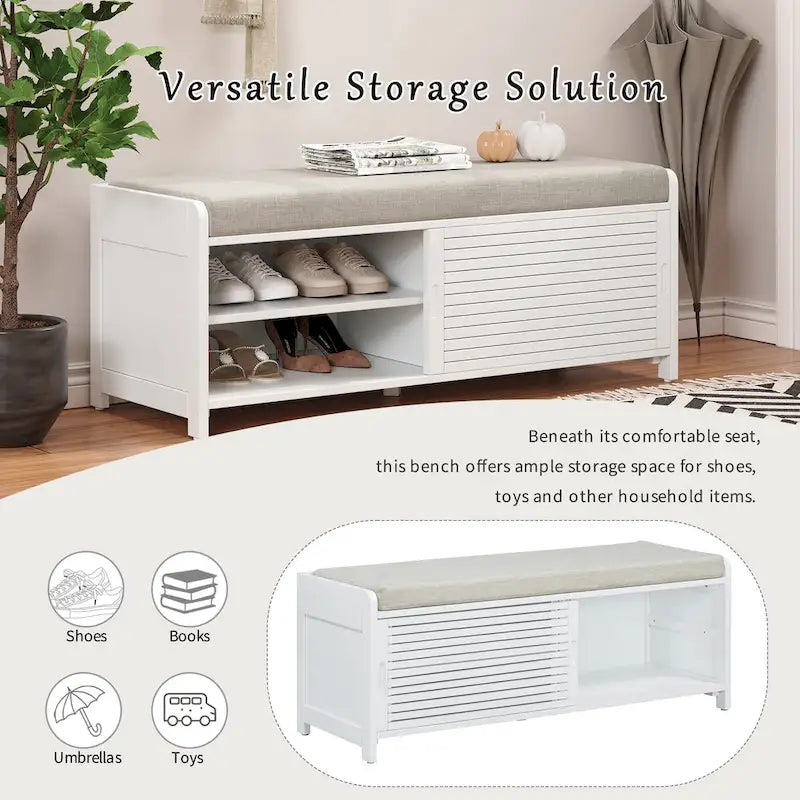 Entryway Shoe Cabinet, Distressed Shutter Storage Bench with Acacia Veneer for Retro Charm for Living Room, Entryway
