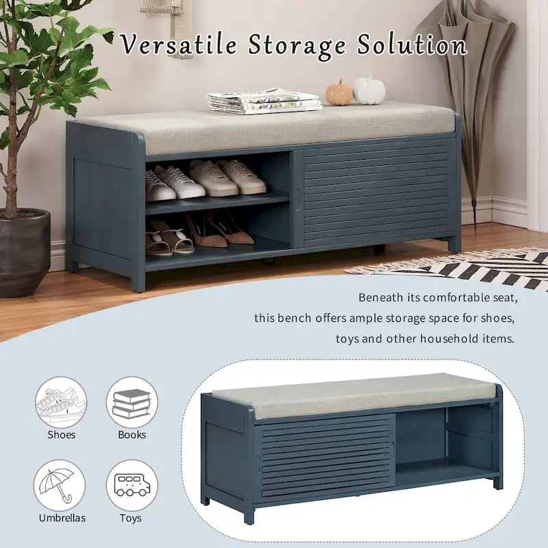 Entryway Shoe Cabinet, Distressed Shutter Storage Bench with Acacia Veneer for Retro Charm for Living Room, Entryway