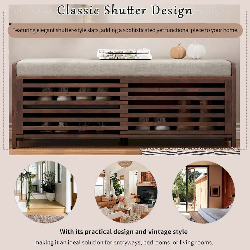 Entryway Shoe Cabinet, Distressed Shutter Storage Bench with Acacia Veneer for Retro Charm for Living Room, Entryway
