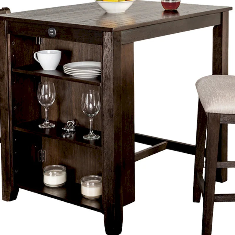 3pc Counter Height Table Set with Side Shelf, USB , Cherry Brown Wood