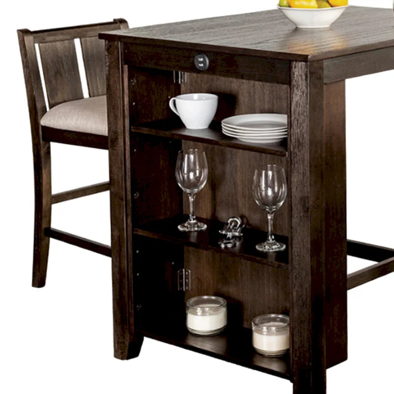 3pc Counter Height Table Set with Side Shelf, USB , Cherry Brown Wood