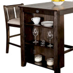 3pc Counter Height Table Set with Side Shelf, USB , Cherry Brown Wood