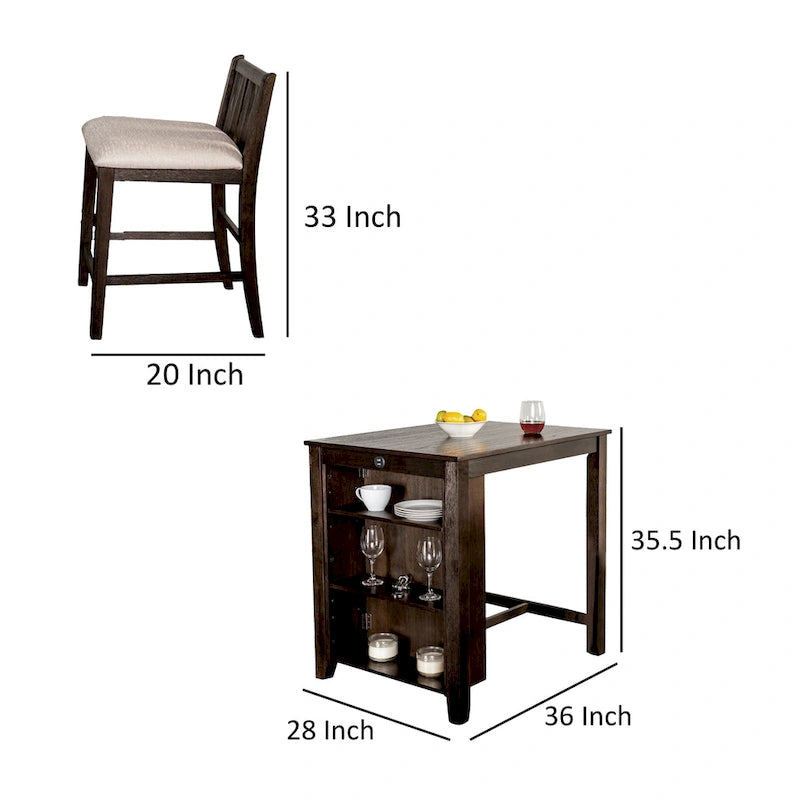 3pc Counter Height Table Set with Side Shelf, USB , Cherry Brown Wood