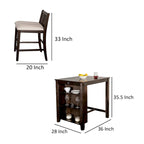 3pc Counter Height Table Set with Side Shelf, USB , Cherry Brown Wood