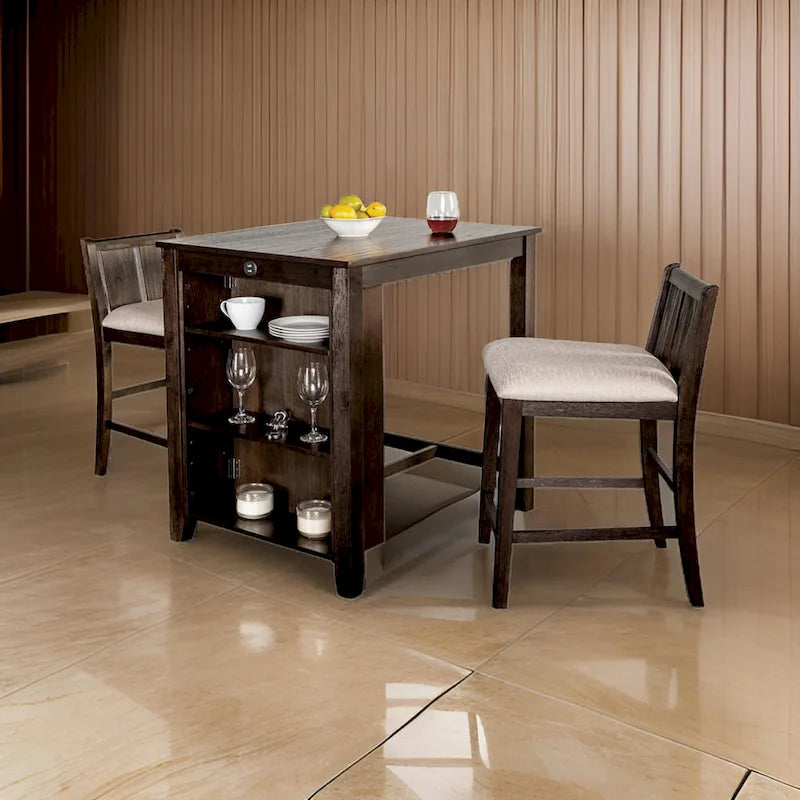 3pc Counter Height Table Set with Side Shelf, USB , Cherry Brown Wood