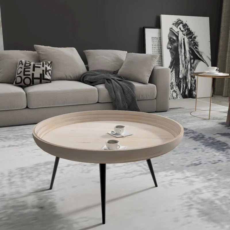 Urban Chic Coffee Table 30 Inch Round Tray Top, Handcrafted Washed White Mango Wood