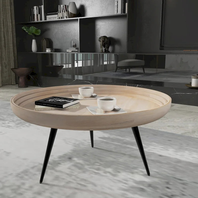 Urban Chic Coffee Table 30 Inch Round Tray Top, Handcrafted Washed White Mango Wood