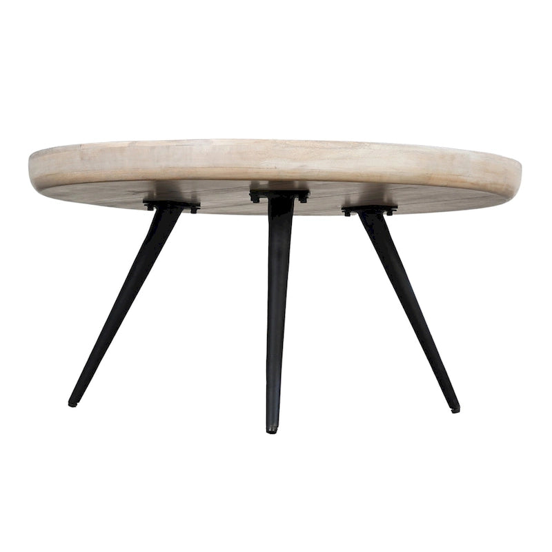 Urban Chic Coffee Table 30 Inch Round Tray Top, Handcrafted Washed White Mango Wood