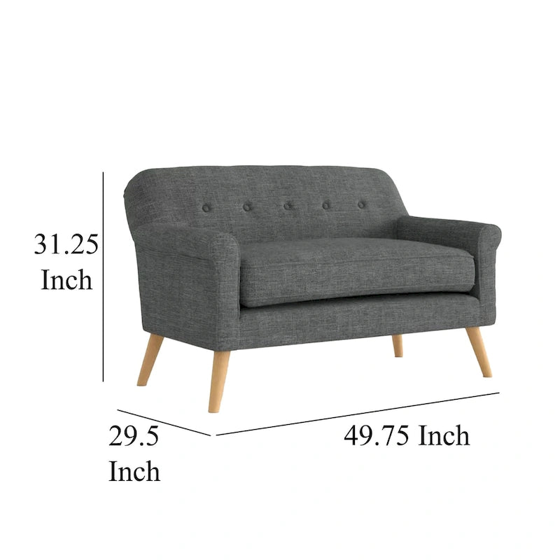 Loveseat, 50 Inch Smooth Tufted Gray Polyester, Natural Brown Wood