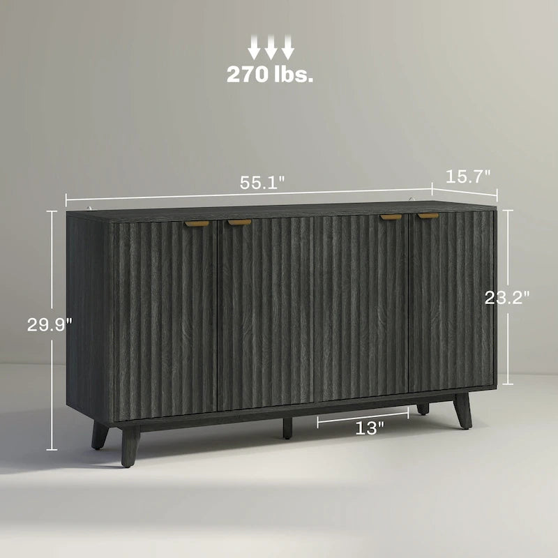 Fluted Sideboard Buffet Cabinet, 55 Modern Accent Console Cabinet with 4 Doors, 2 Adjustable Shelves and 5 Wood Legs