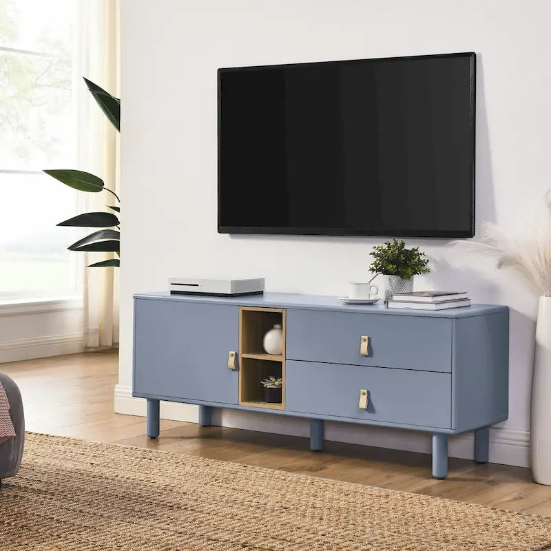54.57 Multi-functional TV Stand with Leather Handles, Open Storage Compartment and Two Drawer