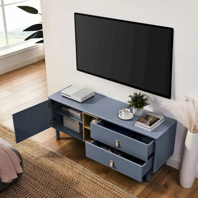 54.57 Multi-functional TV Stand with Leather Handles, Open Storage Compartment and Two Drawer
