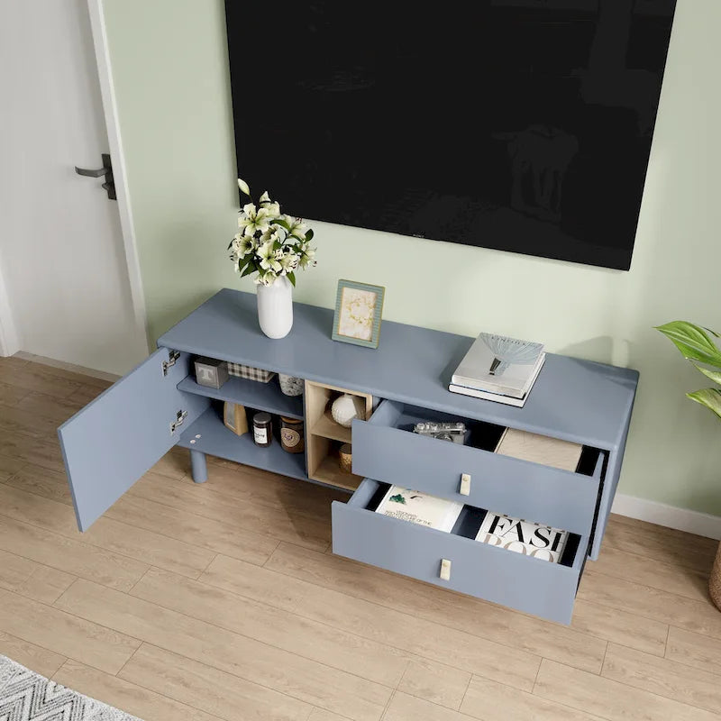 54.57 Multi-functional TV Stand with Leather Handles, Open Storage Compartment and Two Drawer