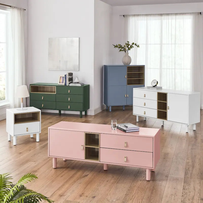 54.57 Multi-functional TV Stand with Leather Handles, Open Storage Compartment and Two Drawer