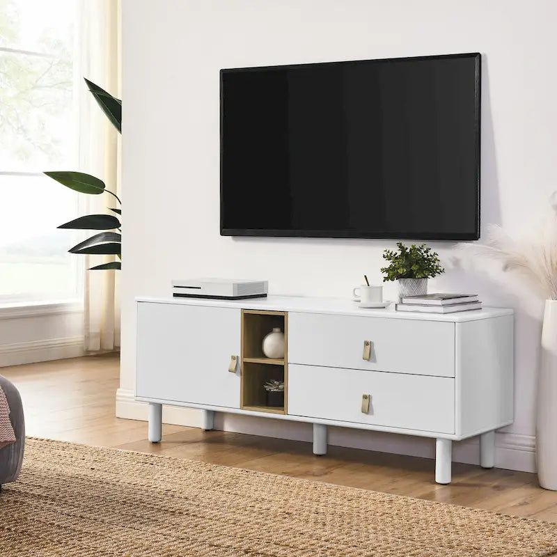 54.57 Multi-functional TV Stand with Leather Handles, Open Storage Compartment and Two Drawer
