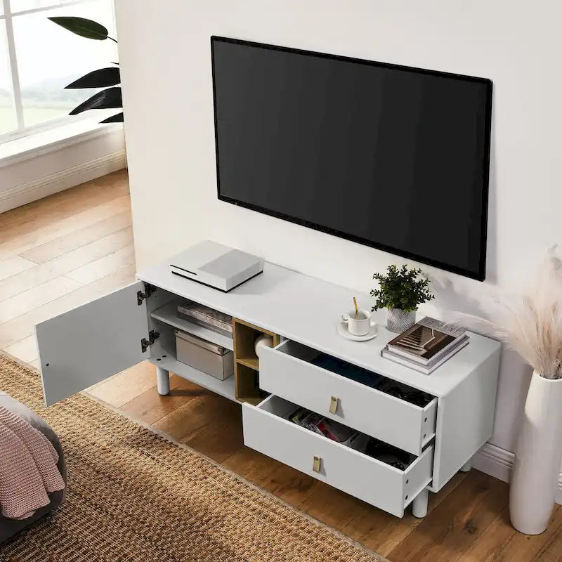 54.57 Multi-functional TV Stand with Leather Handles, Open Storage Compartment and Two Drawer