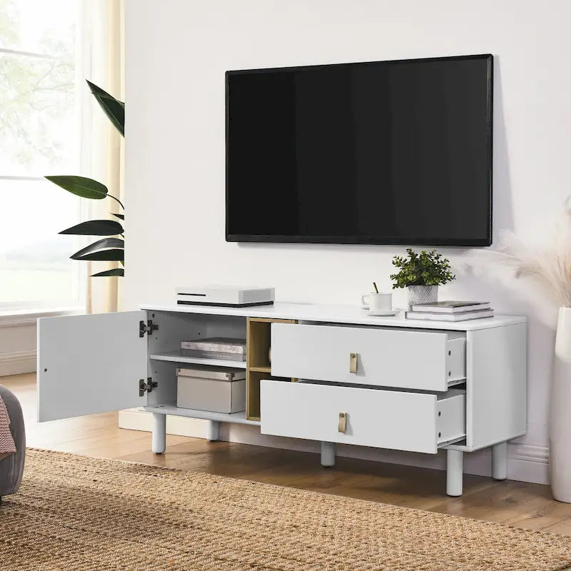 54.57 Multi-functional TV Stand with Leather Handles, Open Storage Compartment and Two Drawer