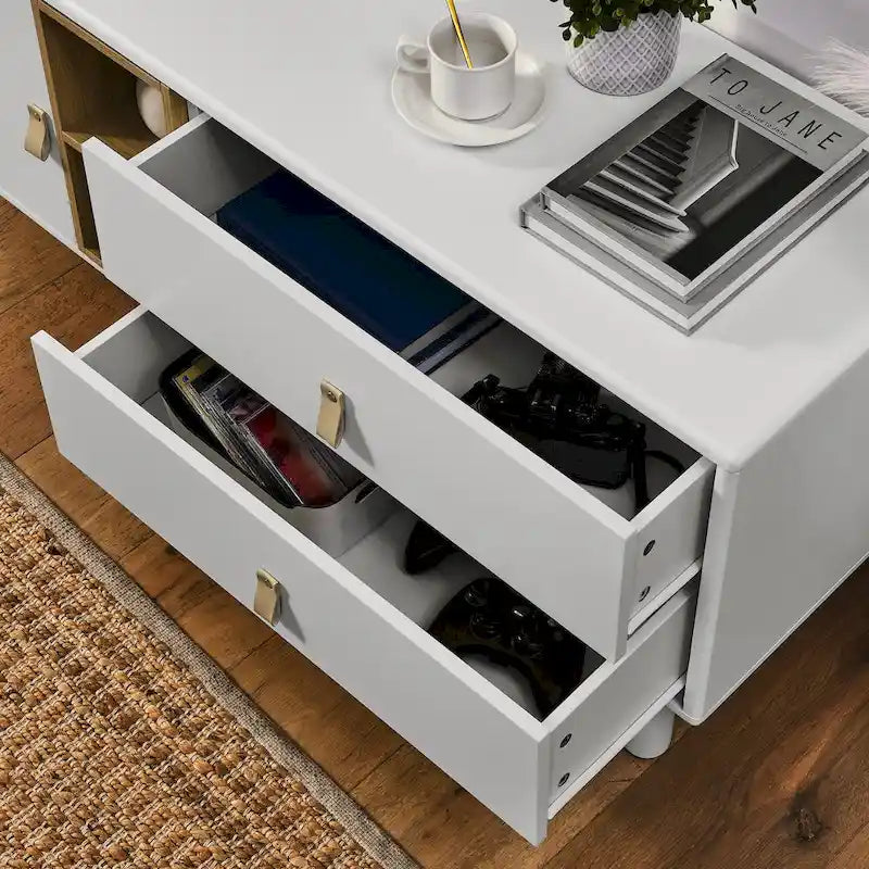 54.57 Multi-functional TV Stand with Leather Handles, Open Storage Compartment and Two Drawer