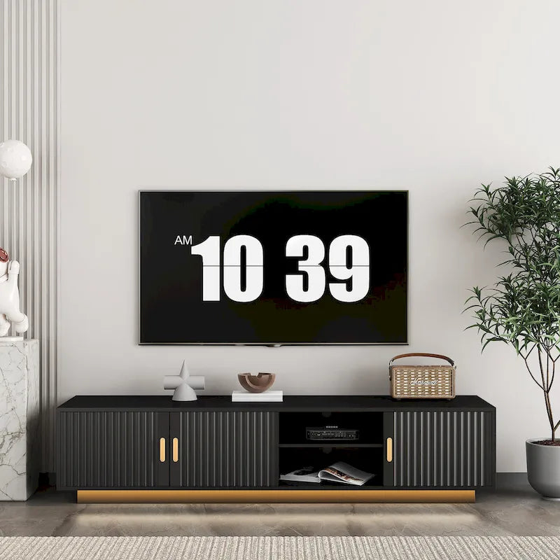 Black 65 Mid-Century TV Stand with LED Lights & Storage for TVs Up to 60