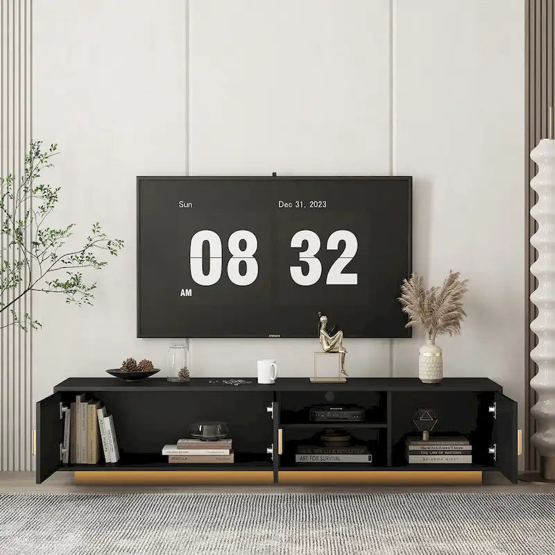 Black 65 Mid-Century TV Stand with LED Lights & Storage for TVs Up to 60