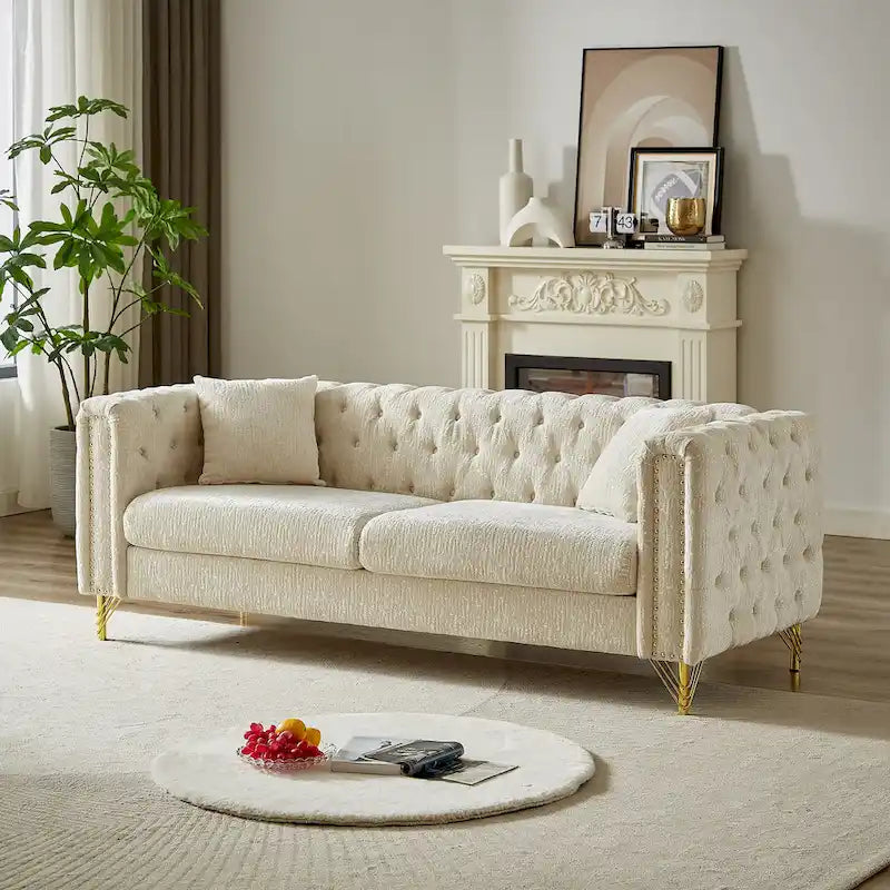 Chenille Tufted Upholstered 3-seater Sofa with Metal Legs