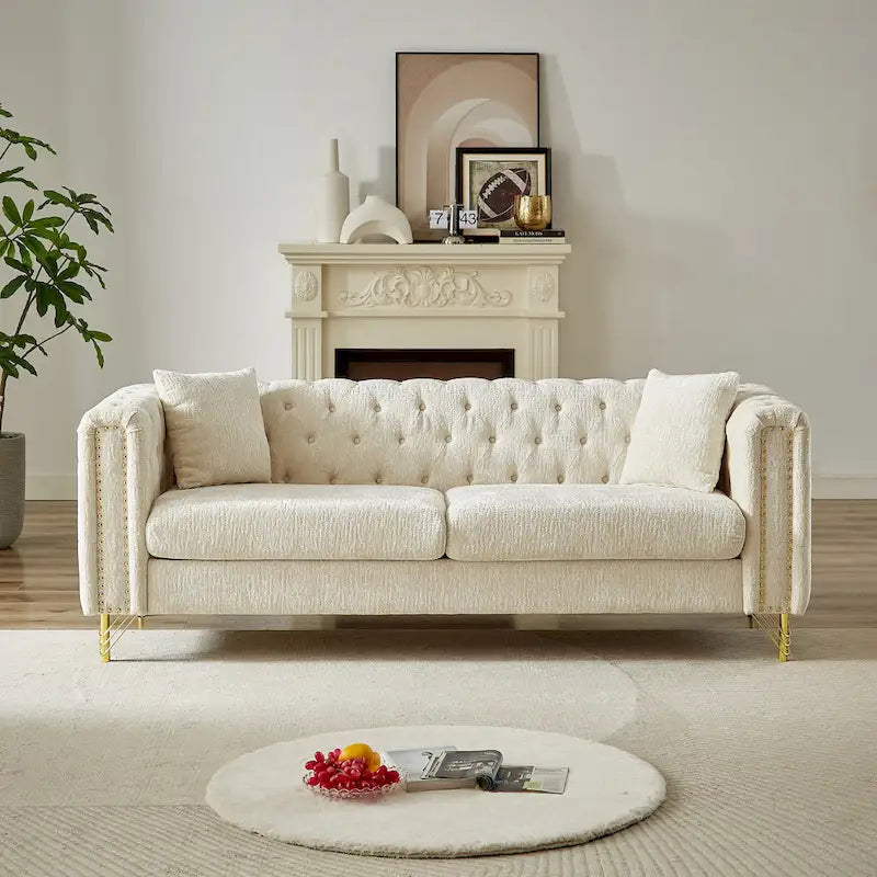 Chenille Tufted Upholstered 3-seater Sofa with Metal Legs