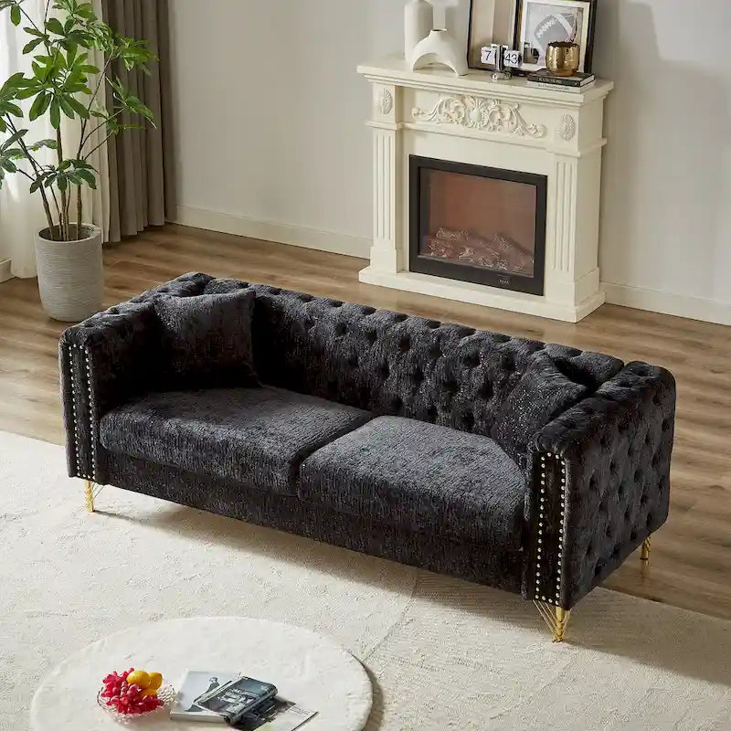 Chenille Tufted Upholstered 3-seater Sofa with Metal Legs