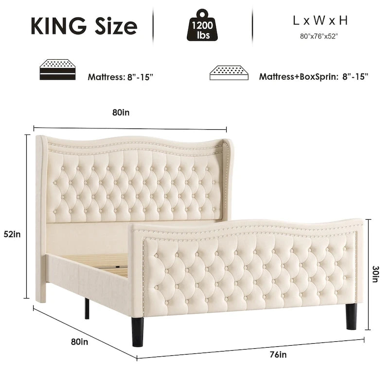 Modern Velvet Platform Bed with Upholstered Headboard