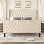 Modern Velvet Platform Bed with Upholstered Headboard