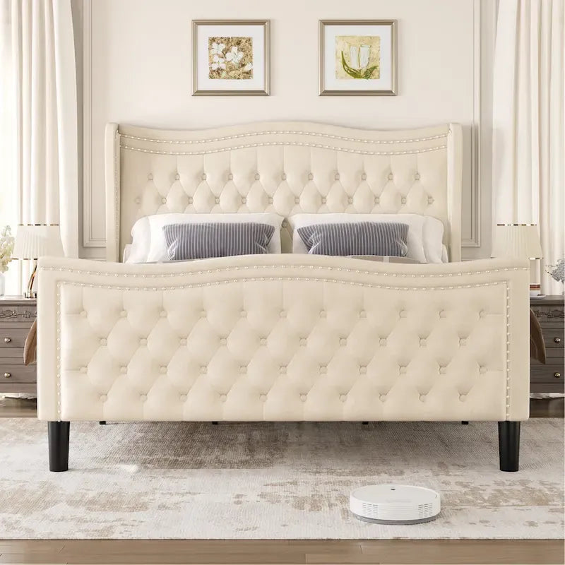 Modern Velvet Platform Bed with Upholstered Headboard