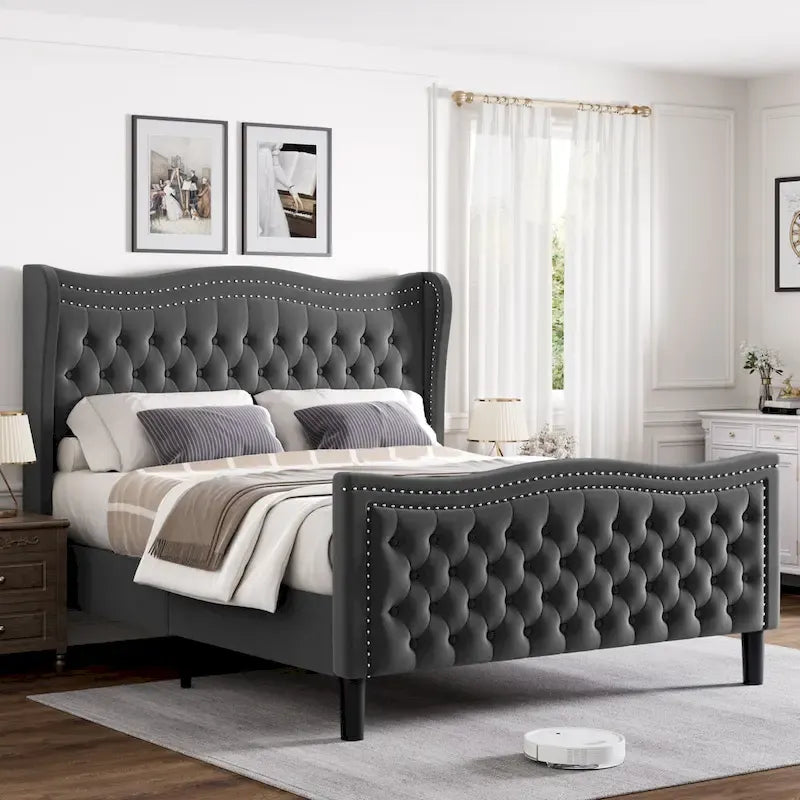 Modern Velvet Platform Bed with Upholstered Headboard