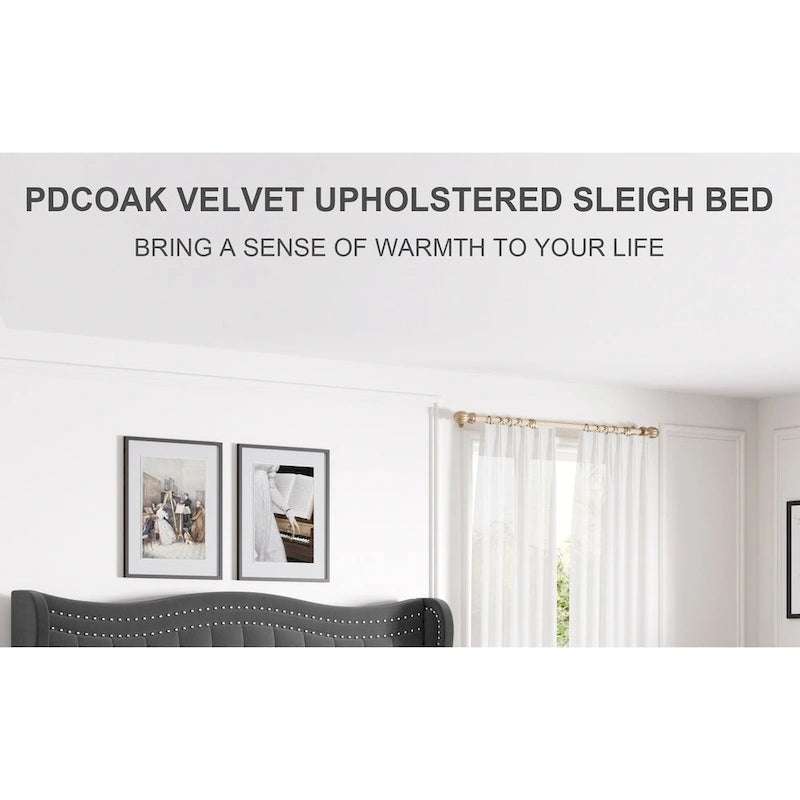 Modern Velvet Platform Bed with Upholstered Headboard