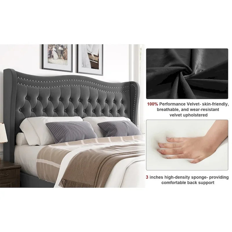Modern Velvet Platform Bed with Upholstered Headboard
