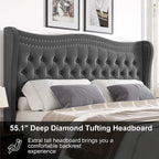 Modern Velvet Platform Bed with Upholstered Headboard