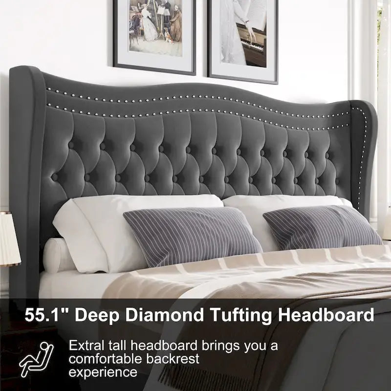Modern Velvet Platform Bed with Upholstered Headboard