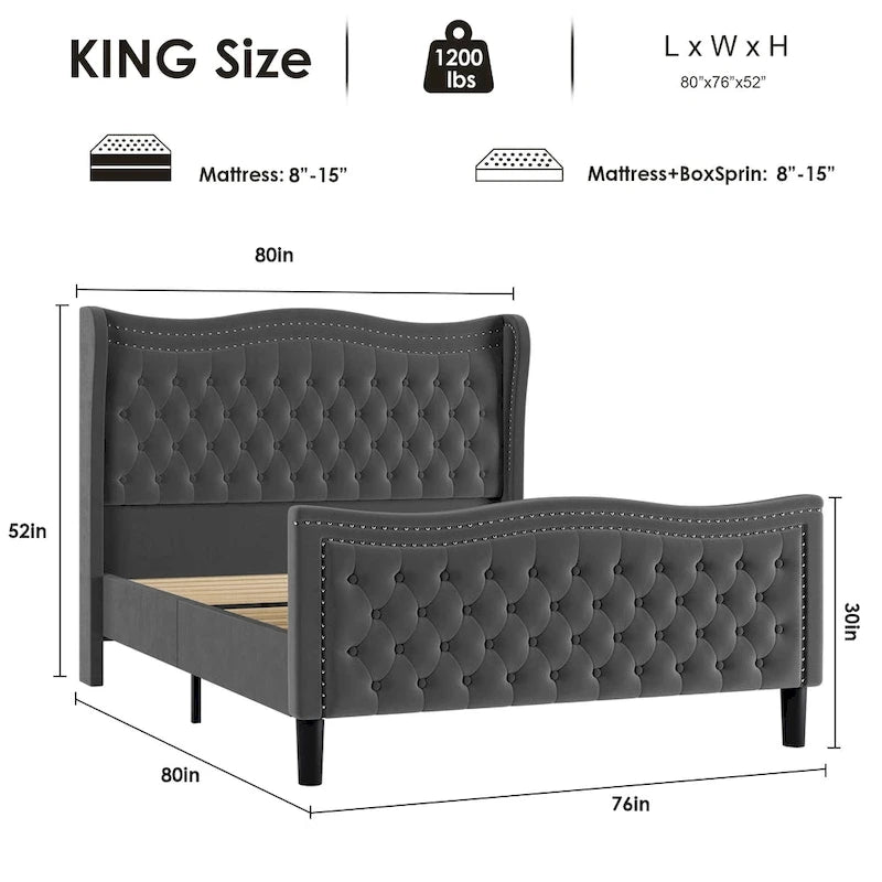 Modern Velvet Platform Bed with Upholstered Headboard