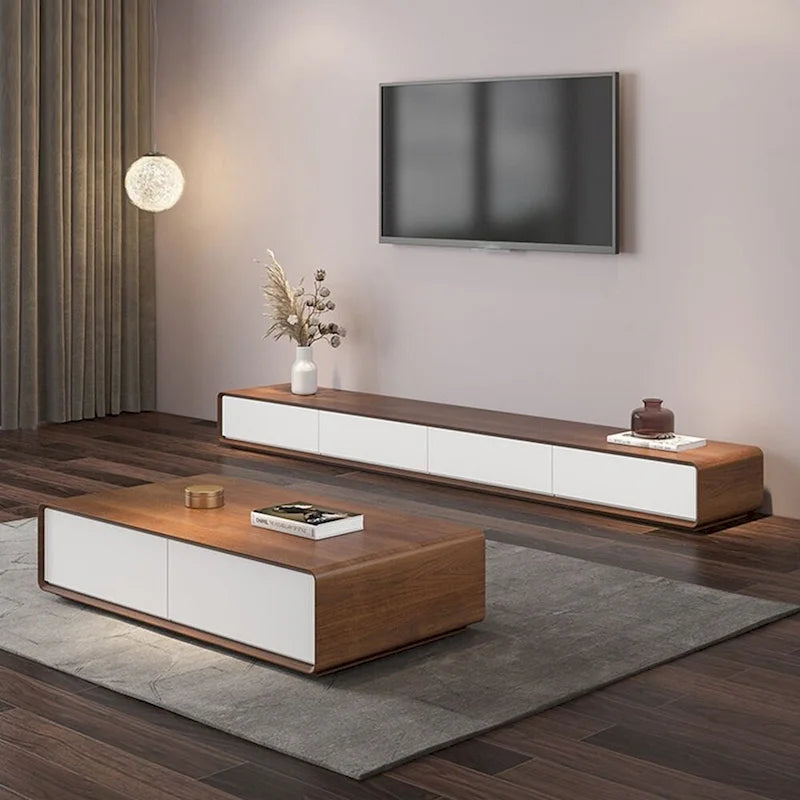 Modern Rectangular TV Stand with 4 Drawers, Wood Veneer Media Console, Walnut White, Soild Wooden, Fully-Assembled