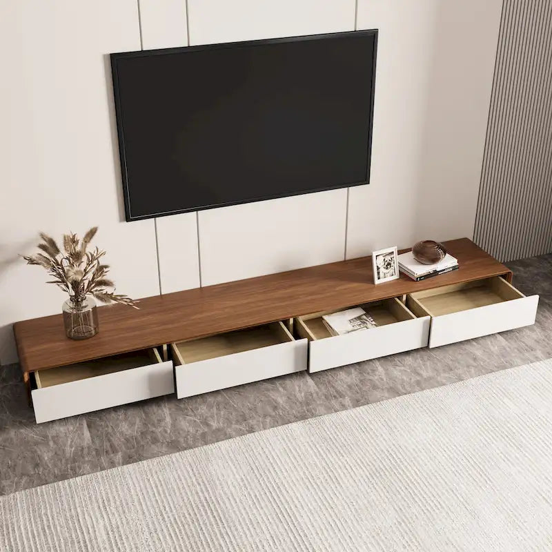 Modern Rectangular TV Stand with 4 Drawers, Wood Veneer Media Console, Walnut White, Soild Wooden, Fully-Assembled