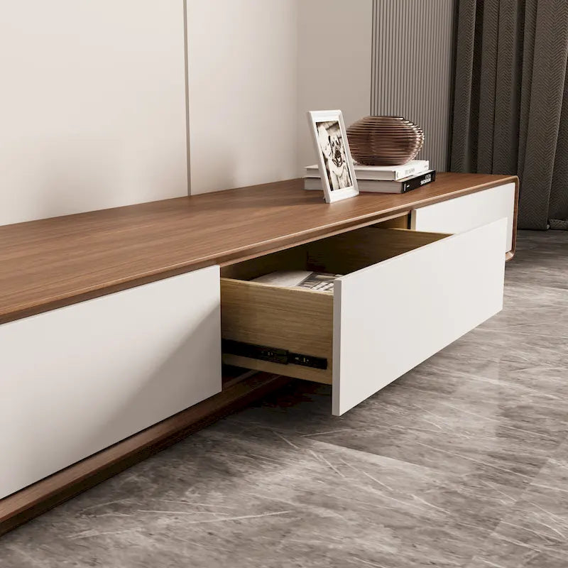 Modern Rectangular TV Stand with 4 Drawers, Wood Veneer Media Console, Walnut White, Soild Wooden, Fully-Assembled