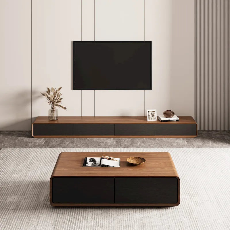Modern Rectangular TV Stand with 4 Drawers, Wood Veneer Media Console, Walnut White, Soild Wooden, Fully-Assembled