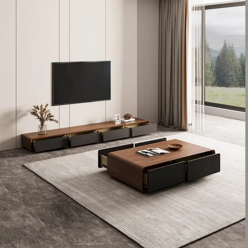Modern Rectangular TV Stand with 4 Drawers, Wood Veneer Media Console, Walnut White, Soild Wooden, Fully-Assembled