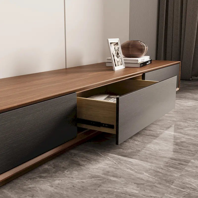 Modern Rectangular TV Stand with 4 Drawers, Wood Veneer Media Console, Walnut White, Soild Wooden, Fully-Assembled