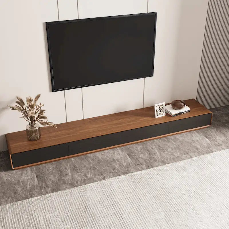 Modern Rectangular TV Stand with 4 Drawers, Wood Veneer Media Console, Walnut White, Soild Wooden, Fully-Assembled