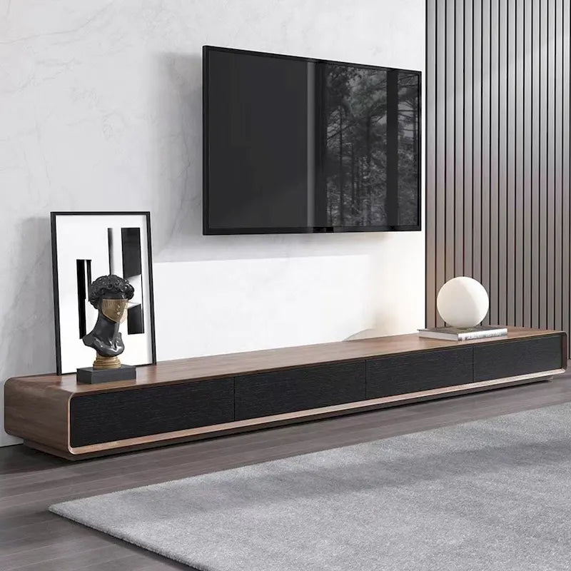Modern Rectangular TV Stand with 4 Drawers, Wood Veneer Media Console, Walnut White, Soild Wooden, Fully-Assembled
