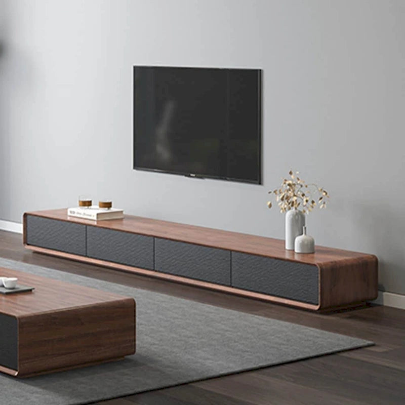 Modern Rectangular TV Stand with 4 Drawers, Wood Veneer Media Console, Walnut White, Soild Wooden, Fully-Assembled