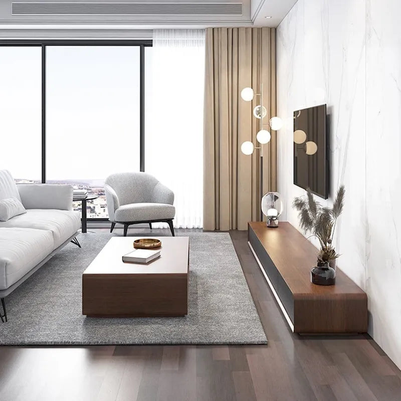 Modern Rectangular TV Stand with 4 Drawers, Wood Veneer Media Console, Walnut White, Soild Wooden, Fully-Assembled