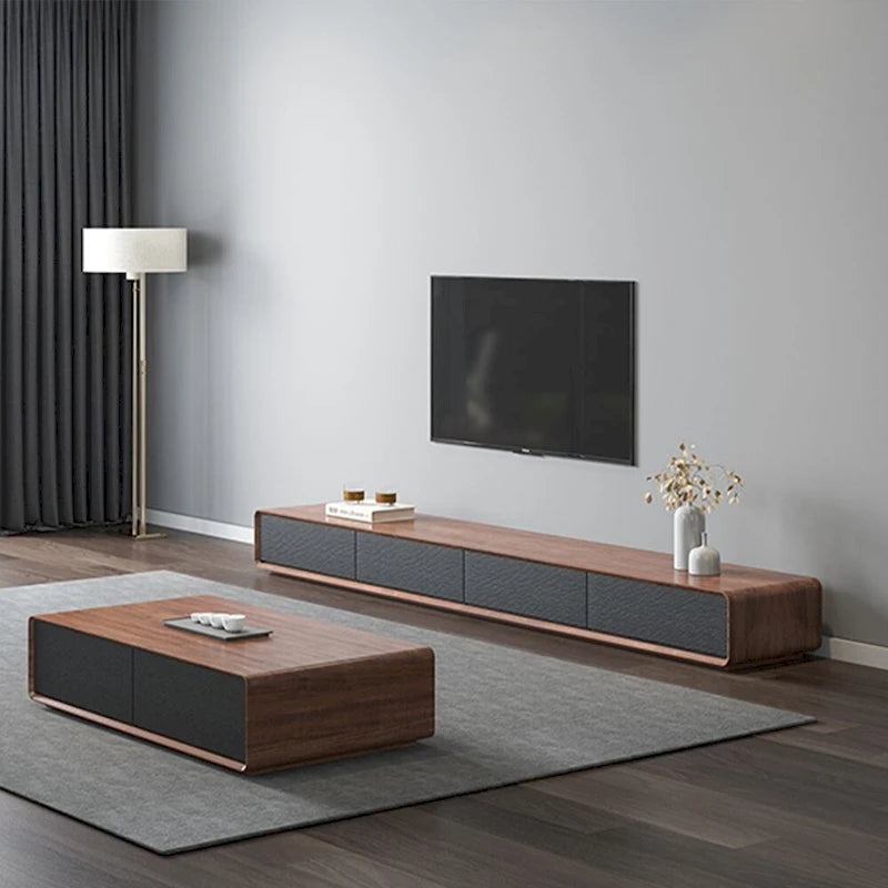 Modern Rectangular TV Stand with 4 Drawers, Wood Veneer Media Console, Walnut White, Soild Wooden, Fully-Assembled
