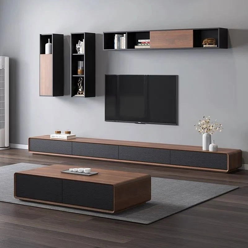 Modern Rectangular TV Stand with 4 Drawers, Wood Veneer Media Console, Walnut White, Soild Wooden, Fully-Assembled